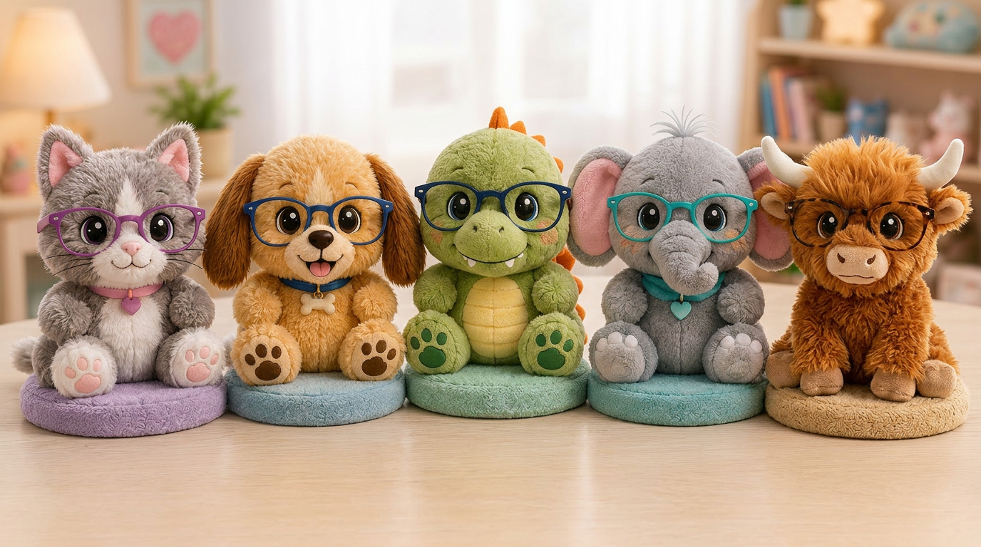 The five SpecPet plush friends: Kitty, Puppy, Dino, Elephant, and Highland Cow — each wearing glasses and sitting on a colorful knitted pedestal.